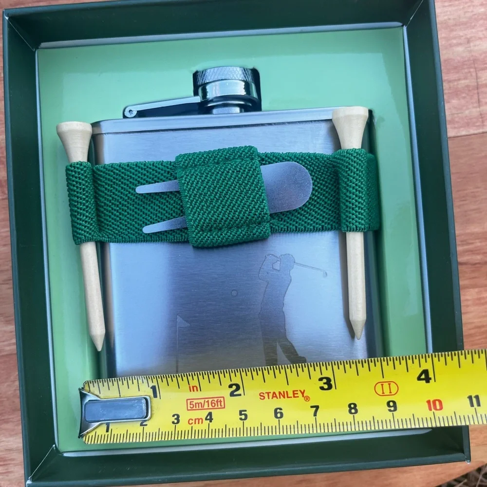 NEW Kikkerland Golf Stainless Steel Flask with Green Holder (Holds 6oz)